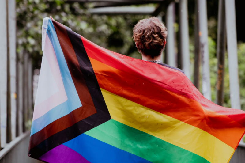 A person holding a progress pride flag